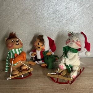 Vintage Annalee Christmas Dolls Set White Cat,Beer in Wood Sled and Santa Bear